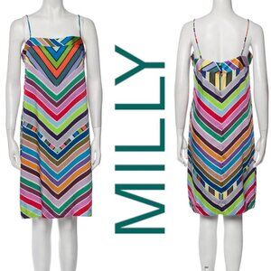 NWT MILLY Marissa Dress Colorful Rainbow Chevron Striped Knee Length Strappy, 4